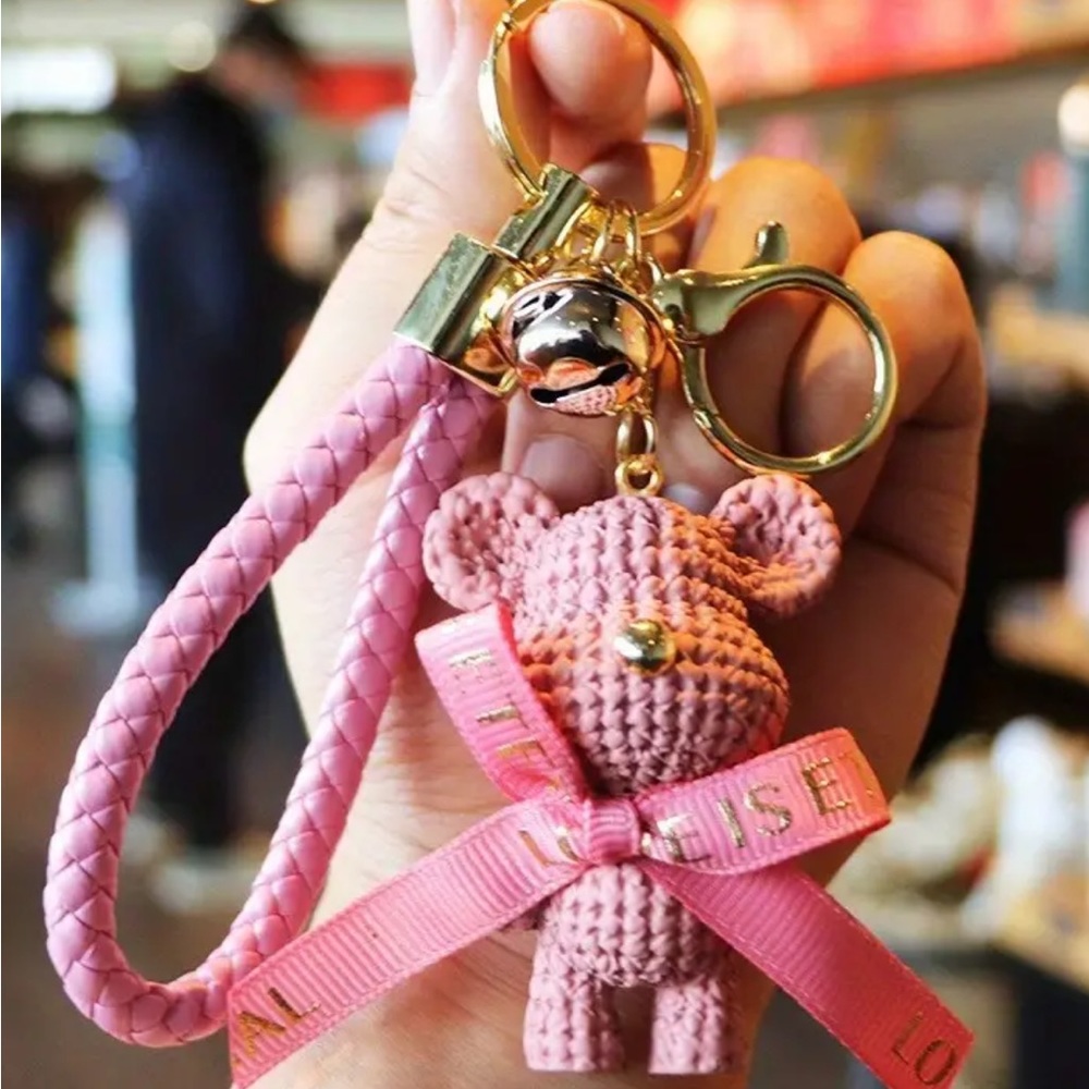 NWT pink cute woven bear keychain or purse charm